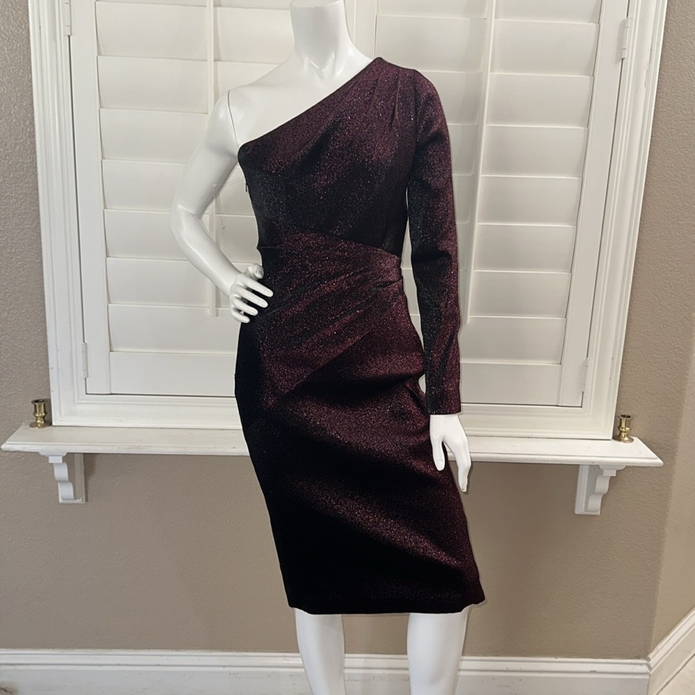Theia One-Shoulder Metallic Cocktail Dress